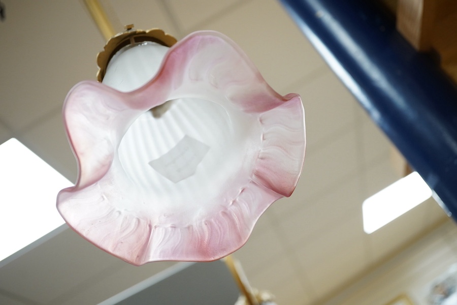 A French double arm ceiling light with frosted, pink edge glass shades, metal work stamped “F.CH &Co”, late 19th century, wired, overall 81cm high, 90cm wide. Condition - good